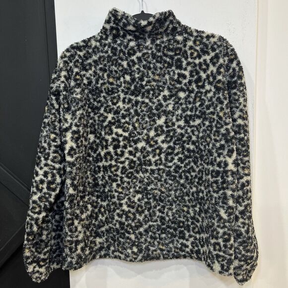 LOFT Leopard Print Textured Fuzzy Sherpa Quarter Zip Pullover Size Small - Picture 4 of 6
